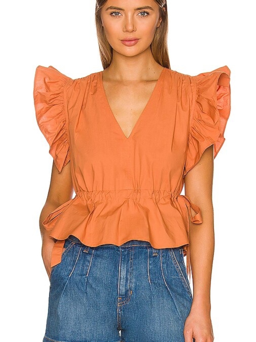 Ulla Johnson Orange Ruffle-Sleeve Peplum Blouse